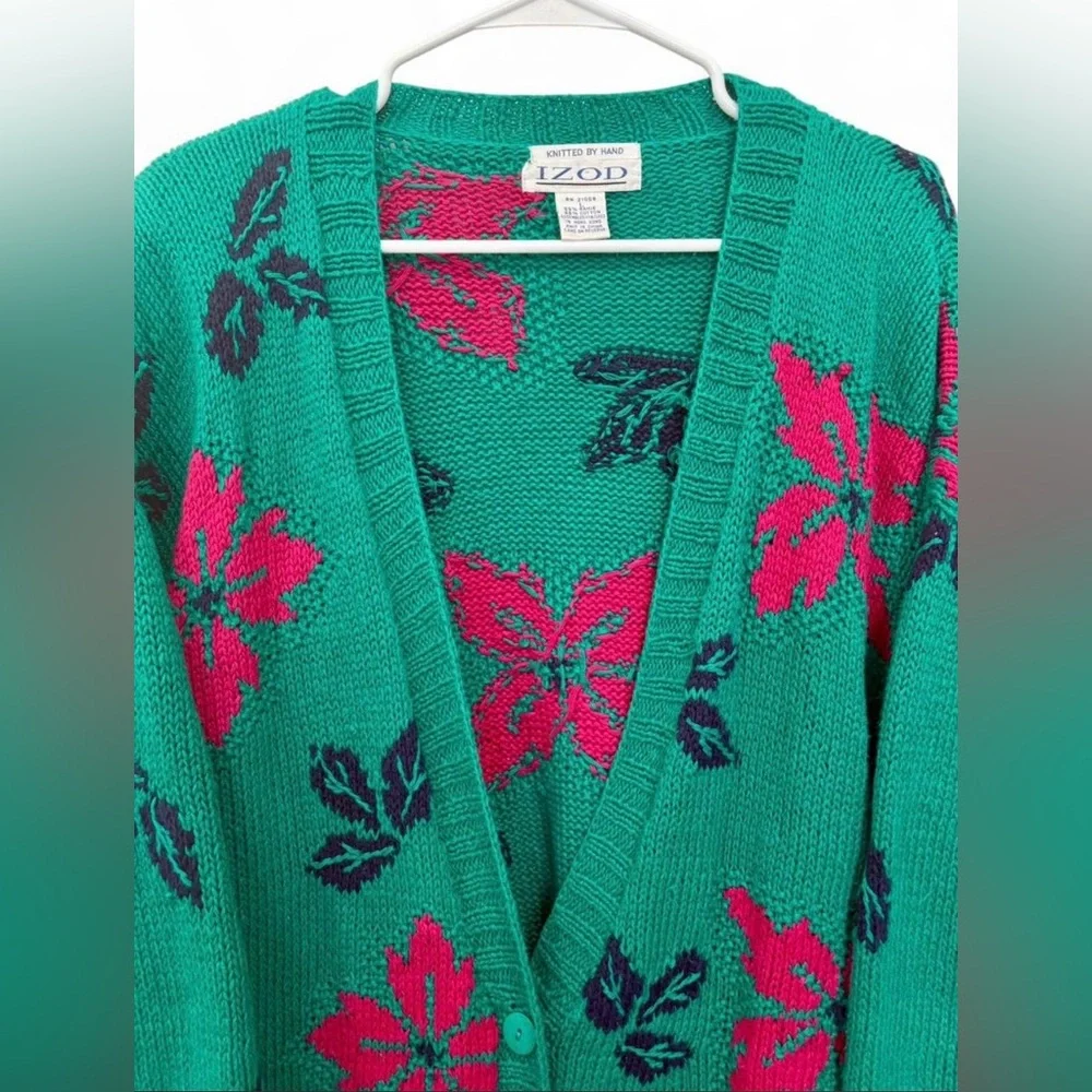Vintage IZOD Hand Knit‎ Oversized Cardigan Sweater Large Floral Chunky Button